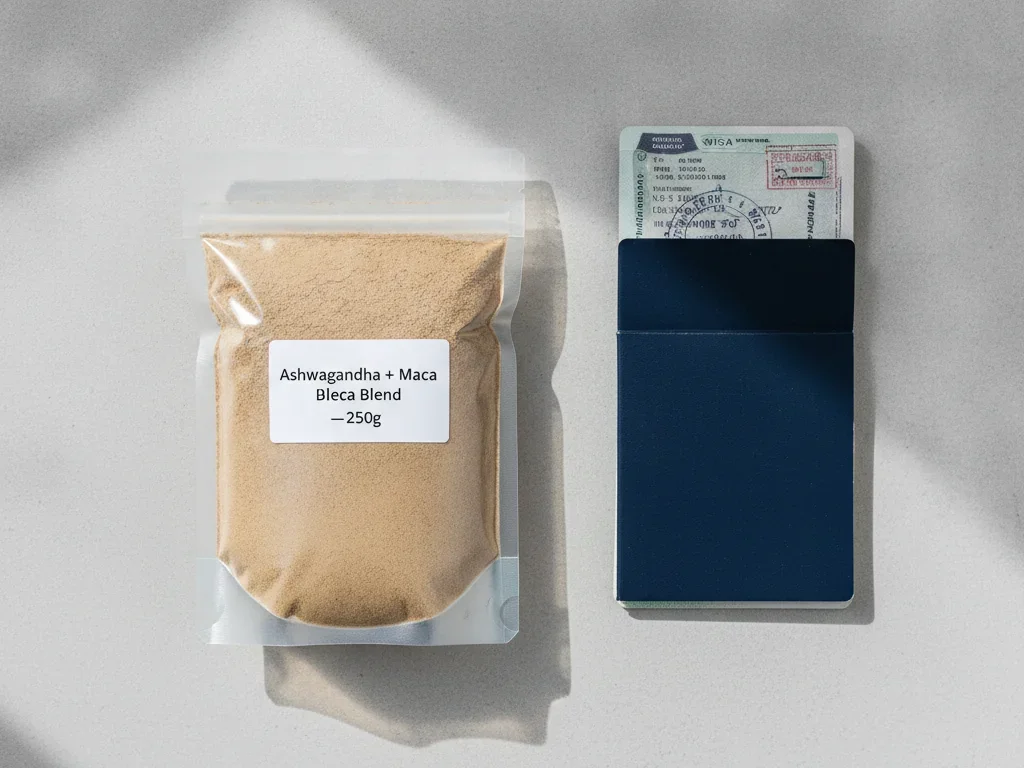 A clear sealed bag of roasted ground seed and nut powder with an English label, next to a passport