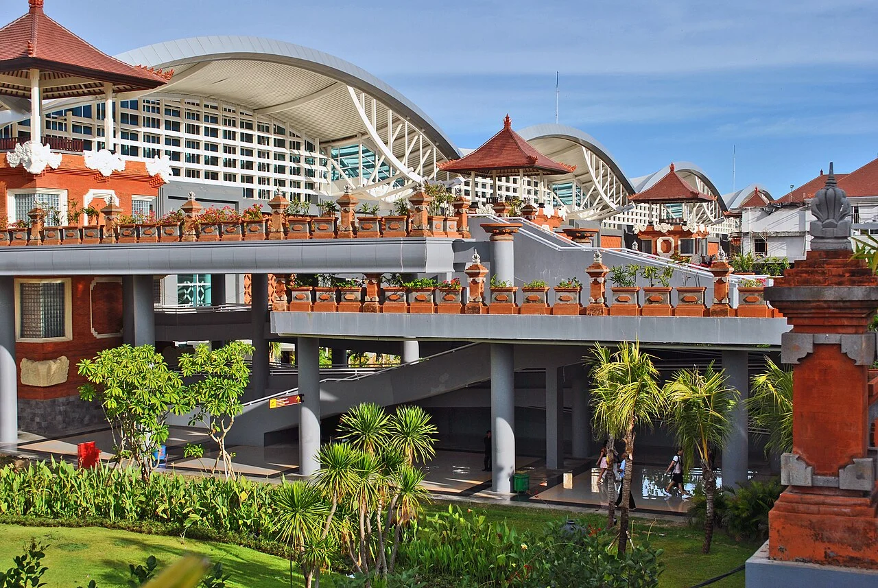 Exterior of Ngurah Rai International Airport terminal in Bali, Indonesia